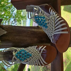 B. Makowsky Gleem White Leather Gladiator Style Sandal With Native Bead Accent